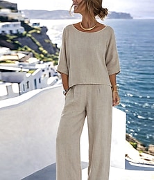 preiswerte -Damen Baumwoll-Leinen-Sets Hosen-Sets Bolero-Oberteil Halbarm Rundhalsausschnitt Einfarbig Mode Streetwear Lässig Täglich Outdoor Blau Schwarz Weiß Sommer Normale Passform