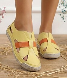 abordables -Mocassins jaunes en cuir microbien pour femmes - chaussures d'été respirantes avec bride contrastée, idéales pour les vacances, le quotidien et les activités de plein air.