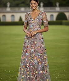 abordables -Ligne A Robe Longueur au sol Robe de Soirée Robe de Cocktail Robe de Mère de Mariée  Demi Manches Col en V Élégant ancien Luxueux Formel robe demoiselle d honneur Kentucky Derby Tulle avec Imprim