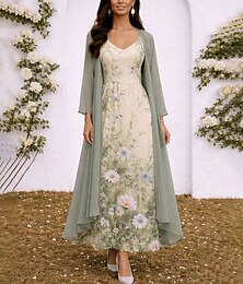 preiswerte -Damen Kleid-Set A Linie Kleid Elegant Urlaub Blumen Grafik Geschichtet Druck Maxikleid Dreiviertelarm V Ausschnitt Täglich Strand Blau Rosa Grün Sommer Frühling Normale Passform