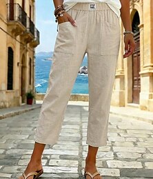 رخيصةأون -نسائي السراويل الصيفية 100% Cotton بناطيل قصيرة سروال الشاطئ العطلة كلاسيكي Ankle-length خصر متوسط جيب فضفاض تصميم الرباط المرن راحة التنفس إمكانية ناعم مرن نسبياً شاطئ مناسب للعطلات