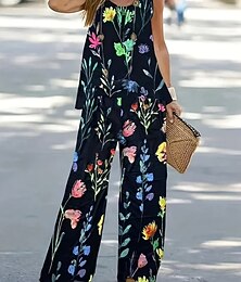 economico -Per donna Set di Pantaloni Senza Maniche Girocollo Collo a U Floreale Grafico Vacanza Quotidiano Casuale Quotidiano Nero Primavera & Estate Vestibilità regolare