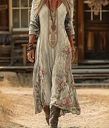 olcso -Női Maxi hosszú ruha Boho ruha Vintage ruha hétköznapi ruha Szüret Napi Szabadtéri Vakáció Laza öltözet Virágos Hosszú ujj V-alakú Medence Világoszöld Sötétkék Sötétzöld Tavasz Ősz