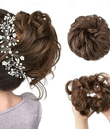 abordables -1 chignon décoiffé, chouchou pour chignon ondulé et bouclé, extension de cheveux synthétique épaisse et ébouriffée (brun clair)