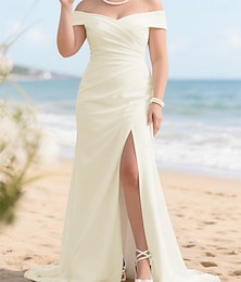 cheap -Wedding Dresses A-Line Off Shoulder Short Sleeve Sweep Brush Train Stretch Fabric Bridal Gowns With Ruched Solid Color