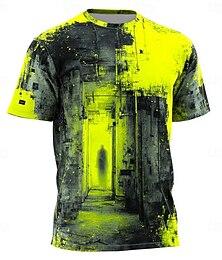 abordables -T-shirt homme jaune fluo, style industriel, silhouette d'ombre, effet vieilli, grunge, cyberpunk, streetwear, techwear, coupe classique, décontracté, idéal pour les raves. Tailles : S, M, L, XL, XXL,