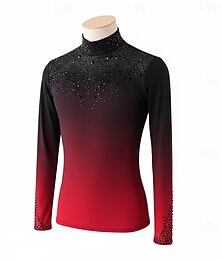 abordables -Haut de Patinage Artistique Homme Patinage Hauts Noir Rouge Patchwork Haute Élasticité Entraînement Compétition Tenue de Patinage Classique cristal pailleté manche longue Patinage sur glace Patinage