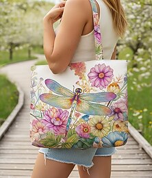 abordables -Sac cabas en polyester pour femme, grande capacité avec fermeture éclair, imprimé libellule, plusieurs modèles disponibles, parfait pour les vacances et le quotidien.