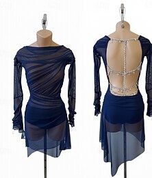 abordables -Vestido de patinaje artístico Mujer Patinaje Sobre Hielo Vestidos Azul marinero Retazos Espalda Abierta Alta elasticidad Entrenamiento Competición Ropa de Patinaje Clásico Cristal / Strass Manga Larga
