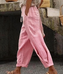 preiswerte -Damen Hose aus Baumwollleinen Chinos Gerade Urlaub Basic Lässig Volle Länge Hohe Taille Einfach Tasche Elastischer Bund Bequem Komfort Weich Mikroelastisch Outdoor Straße Alltagskleidung Blau Wei