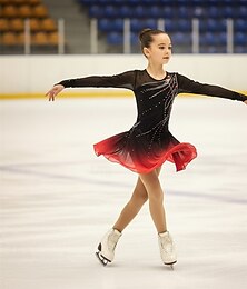 preiswerte -Eiskunstlaufkleid Mädchen Eislaufen Kleid Schwarz Rrot Patchwork Asymmetrischer Saum Hohe Elastizität Training Wettbewerb Eiskunstlaufkleidung Klassisch Kristall / Strass Langarm Eislaufen