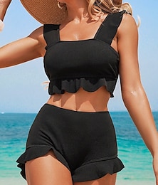 זול -בגדי ריקוד נשים בגדי ים ביקיני 2 חתיכות חצאית בגד ים רזה גב חשוף חופשה בגדי חוף צבע אחיד מחשוף עמוק ללא שרוולים בגדי ים