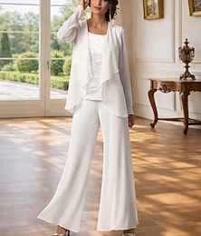 abordables -Traje de pantalón Traje de 3 piezas Hasta el Suelo Vestido de Madrina Sin Mangas Barco de cuello Elegante Talla Grande Bolero incluido Formal Invitado a la boda Gasa con Encaje