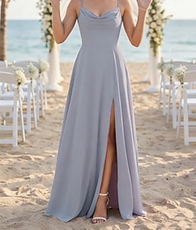 baratos -Linha A Vestido de Madrinha Decote Princesa / Com Alças Finas Sem Manga Elegante Longo Chiffon com Fenda Frontal / Cor Única