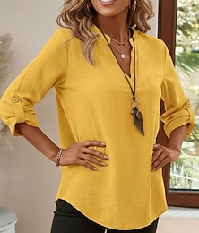 abordables -Femmes Chemises en coton et lin Hauts d'été Chemisier Hauts Élégants Froncé Patchwork Avec Poches Couleur Unie Uni Élégant ancien Dames Manche 3/4 Col de chemise Hauts Réguliers Quotidien Travail