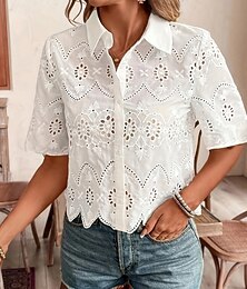 preiswerte -Damen Hemd Spitzenbluse Bluse Ausgehöhlt Einfach Basic Klassisch Modern Kurzarm Hemdkragen Normale Oberteile Täglich Ferien Ausgehen Weiß Sommer Frühling
