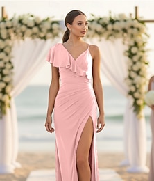 baratos -Linha A Vestido de Madrinha Decote V / Com Alças Finas Sem Manga Elegante Longo com