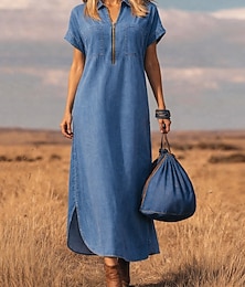 baratos -Mulheres Vestido Longo Vestido de turno Vestido de verão Férias Casual Boho Diário Praia Feriado Ajuste Largo Tecido Manga Curta Decote V Azul Verão