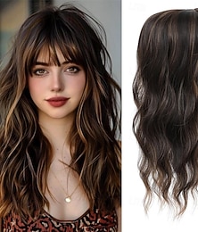 זול -תוספות שיער 360 מעלות צלזיוס, תוספות שיער תלת-ממדיות לנשים עם כתר דליל, פוני מתולתל גלי באורך 20 אינץ', פוני קליפס בצבע חום כהה, פוני צרפתי באורך 20 אינץ'