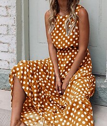 preiswerte -Damen Maxikleid A Linie Kleid Urlaub Lässig Outdoor Ausgehen Normale Passform Tupfen Ärmellos Rundhalsausschnitt Schwarz Gelb Marineblau Grün Sommer Frühling