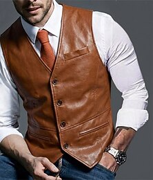 economico -Da uomo Gilet da esterno Gilet in pelle scamosciata Casuale Formale Vintage Moda Tutte le stagioni Tasca Scollo a V Pelle PU Calore Termico Di tendenza Tinta unica Monopetto Scollo a V Aderente Nero
