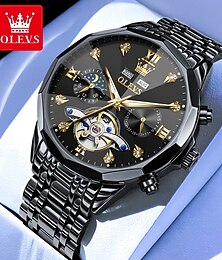 preiswerte -Olevs 6621 Herrenuhr, Originalmarke, automatische mechanische Business-Uhr, wasserdicht, Leuchtzeiger, ewiger Kalender, Mondphase, Edelstahl