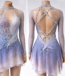 preiswerte -Eiskunstlaufkleid Damen Eislaufen Kleid Blau weiß Patchwork Offener Rücken Dehnbar Training Wettbewerb Eiskunstlaufkleidung Klassisch Kristall / Strass Kurzarm Langarm Eislaufen Eiskundstlauf