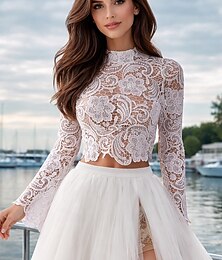 Недорогие -Бохо Свадебные Платья Пляжная Церемония Отдельные Элементы Высокий Воротник Длинные Рукава Отдельные Элементы Кружева Невестины Топы Свадебные Платья С Аппликациями Платье чтобы произвести