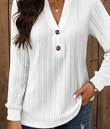 abordables -Mujer Camiseta Camiseta superior Botones Color sólido Elegante Moda Manga Larga Escote en Pico Tops regulares Diario Fin de semana Azul Piscina Negro Blanco Amarillo Rosa Primavera Otoño