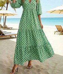Недорогие -женское платье макси с геометрическим принтом и v-образным вырезом, рукав-фонарик, повседневное, для отдыха, рукав длиной 3/4, лето-весна