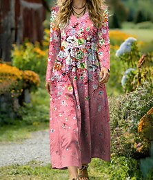 abordables -Femmes Robe Midi Robe trapèze Vacances Occasionnel Quotidien Coupe régulière Fleuri Graphique manche longue Col en V Bleu Rose Claire Violet Vert Été Printemps