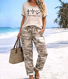 economico -Per donna Set di biancheria in cotone Set di Pantaloni Bolero Top Manica 3/4 Girocollo Lettera Moda Streetwear Casuale Quotidiano All'aperto Cachi Estate Vestibilità regolare