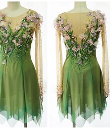 preiswerte -Eiskunstlaufkleid Damen Eislaufen Kleid Grün Patchwork Offener Rücken Hohe Elastizität Training Wettbewerb Eiskunstlaufkleidung Klassisch Kristall / Strass Langarm Eislaufen Eiskundstlauf