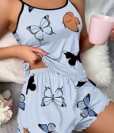 billiga -Dam Pyjamas set Ledigt Komfort Fjäril Elastisk midja Shorts Dagligen Hem Ärmlös Rund hals Blå Rodnande Rosa Beige Sommar Vår Normal