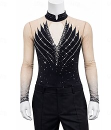 abordables -Haut de Patinage Artistique Homme Patinage Hauts Noir Patchwork Élastique Entraînement Compétition Tenue de Patinage Classique cristal pailleté manche longue Patinage sur glace Patinage artistique