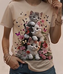 voordelige -Dames T-shirt Afdrukken Grafisch dier Kat Vintage Stijlvol Klassiek Korte mouw Strakke ronde hals Normale tops Dagelijks Weekend Abrikoos roze Blozend Roze Khaki Zomer Lente Herfst