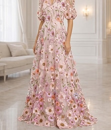 abordables -Ligne A Longueur au sol Robe de Mère de Mariée  Manche Courte Col en V Élégant ancien Luxueux Formel robe demoiselle d honneur Fête de mariage Dentelle Tulle avec Fleurs 3D Broderie Fleur