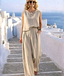 baratos -Mulheres Conjuntos de calças Bolero Top Linho de algodão sintético Sem Manga Decote Redondo Côr Sólida Moda Roupa de rua Casual Diário Ao ar livre Preto Azul Marinha Cáqui Verão Ajuste Largo