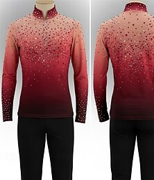 abordables -Haut de Patinage Artistique Homme Patinage Hauts Rouge Patchwork Élastique Entraînement Compétition Tenue de Patinage Classique cristal pailleté manche longue Patinage sur glace Patinage artistique