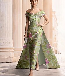 preiswerte -A-Linie Bodenlang Abendkleid Ballkleid mit Überrock Festliche Kleidung Elegant Promi-Stil seidig Ärmellos Schulterfrei Gartenparty Hochzeit Jacquard mit Falten