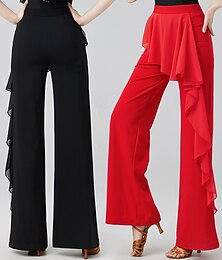 abordables -Pantalones de pierna ancha para mujer estilo baile latino con superposición de gasa.