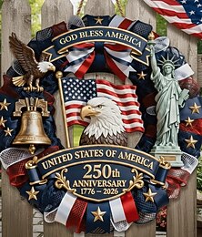 voordelige -Houten bord ter ere van het 250-jarig jubileum van de VS, patriottische deurhanger, God zegene Amerika, decoratie voor Onafhankelijkheidsdag met adelaar, Liberty Bell en Vrijheidsbeeld, 1776–2026, decoratie voor de voordeur op 4 juli