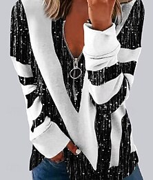 abordables -Mujer Sudadera Cerrar Estampado A Rayas Casual Manga Larga Escote en Pico Tops regulares Calle Uso Diario Azul Piscina Negro Verde Trébol Primavera Otoño Invierno