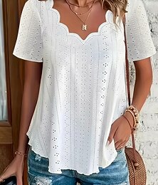 preiswerte -Damen Pointelle-Shirt Oberteil mit Ösen Bluse Lochmuster Einfach Aktiv Basic Lässig Kurzarm V Ausschnitt Normale Oberteile Lässig Täglich Strand Schwarz Weiß Gelb Rosa Wein Sommer Frühling
