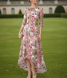 economico -Linea ad A Abito Abito alto-basso Lunghezza alla caviglia Abito da Cocktail Abito da cerimonia per signora Manica 3/4 Scollo a Barca Elegante Semplice Formale Ospite di nozze Semi-Formale con Volant