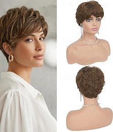 abordables -Perruque pixie brune pour femme - coupe courte naturelle dégradée, perruque synthétique résistante à la chaleur pour déguisement quotidien