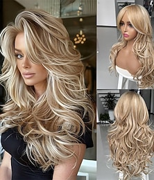 cheap -Platinum Blonde Highlight Ombre Light Brown Wig Long Wavy Layererd Wigs with Curtain Bangs for White Black Women,Synthetic Blonde Highlight Layered Wig for Daily Party Use 24Inch 24 Inch