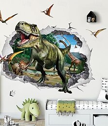 preiswerte -3D-Urzeitwelt mit Dinosauriern: T-Rex, Triceratops, Brachiosaurus, Wandteppich mit zerbrochener Wand, Dschungel-Effekt, Türbanner, Kinderzimmer, Spielzimmer, Geburtstagsparty-Hintergrund