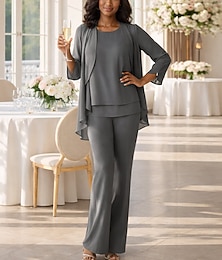 abordables -Combinaison Tailleur-Pantalon Longueur au sol Robe de Mère de Mariée  Manche 3/4 Col en V Élégant robe demoiselle d honneur Chiffon avec Volants