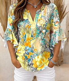 preiswerte -Damen Bluse Rüsche Druck Blumen Grafik Vintage Täglich Stilvoll Dreiviertelarm V Ausschnitt Normale Oberteile Täglich Ferien Urlaubskleidung Blau Weiß Gelb Rosa Sommer Frühling